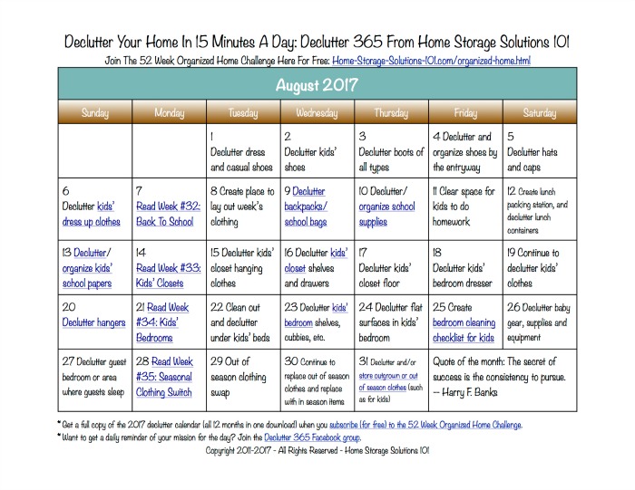 August Declutter Calendar: 15 Minute Daily Missions For Month August Declutter Calendar: 15 Minute Daily Missions For Month