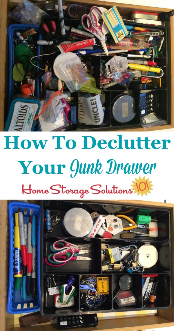 How to declutter your junk drawer so that it becomes functional and useful to you again, instead of an abyss of stuff. One of the #Declutter365 missions on Home Storage Solutions 101.