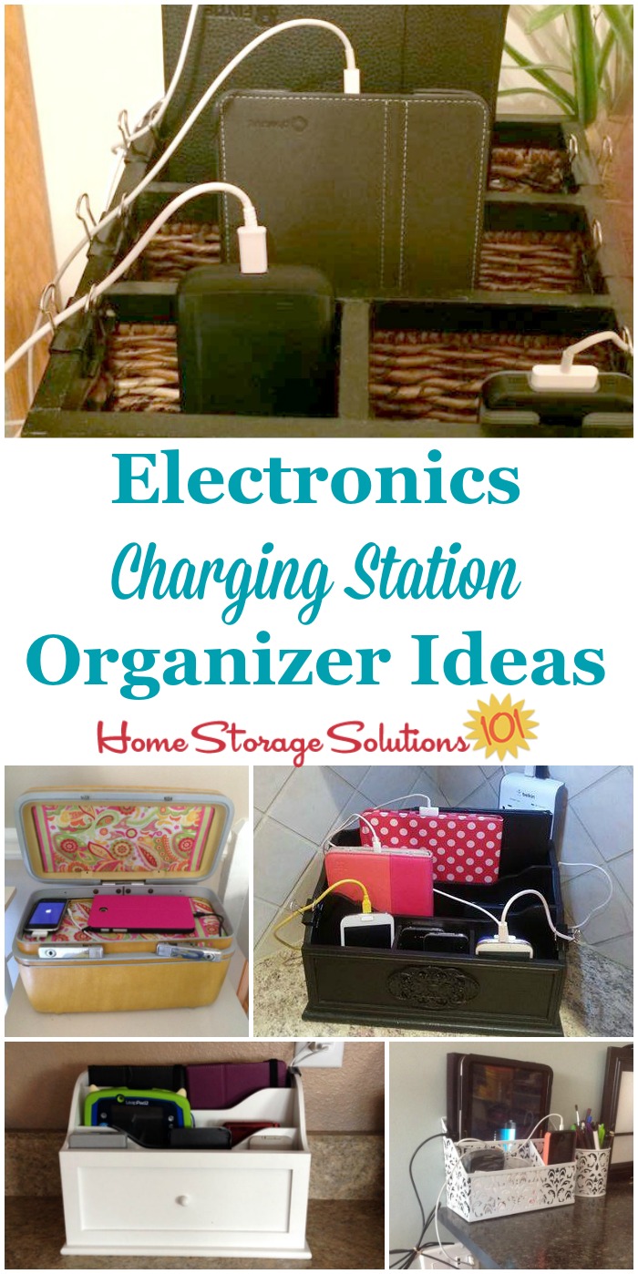 Lots of electronics charging station organizer ideas for your home, to charge all kinds of electronic devices from phones, tablets, portable games, GPS devices and more, and hide those cords! {on Home Storage Solutions 101}