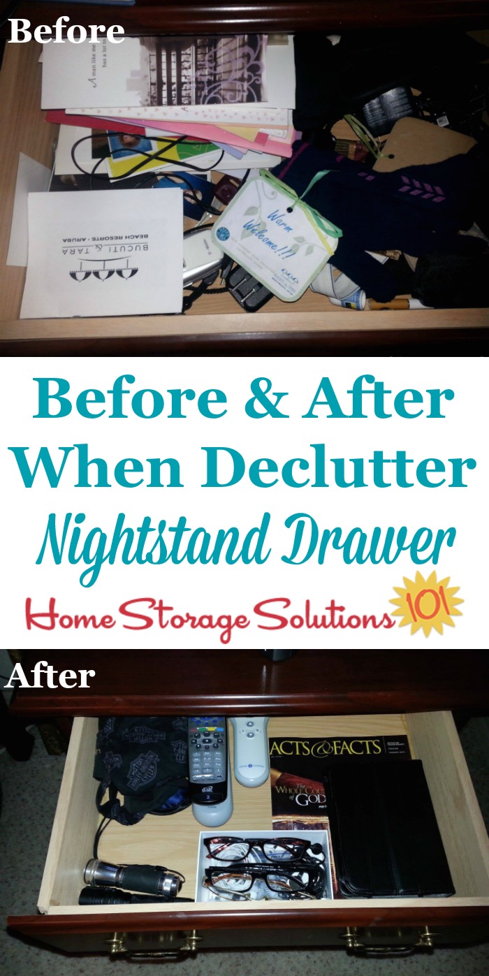 Tips for decluttering your nightstand, including the flat surface top as well as drawers {on Home Storage Solutions 101}