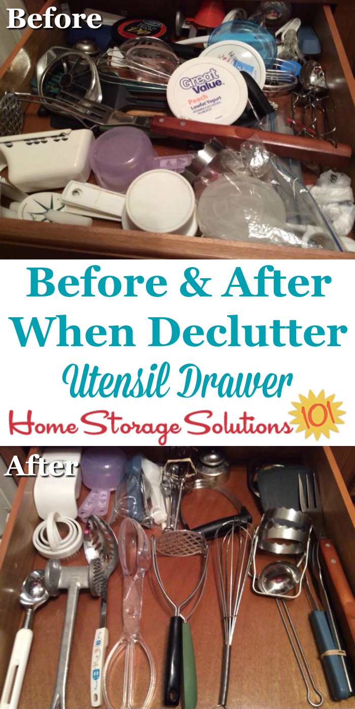Before and after photos, plus instructions for how to #declutter your kitchen utensil drawer {on Home Storage Solutions 101} #Declutter365 #KitchenOrganization
