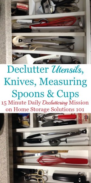 How to #declutter utensils, kitchen knives, measuring cups and spoons and other kitchen gadgets, including lots of before and after photos from readers who've already done this #Declutter365 mission {on Home Storage Solutions 101} #KitchenOrganization