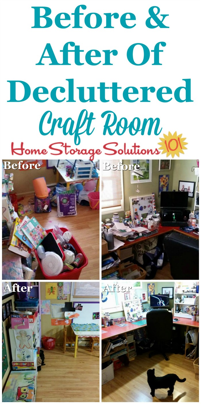 Before and after photos of decluttered craft room, plus instructions for how to #declutter this space without the process becoming overwhelming {on Home Storage Solutions 101} #CraftRoomOrganization #Declutter365