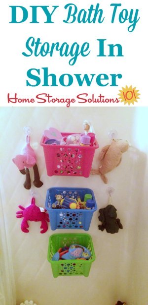 DIY bath toy storage idea for your shower or bathtub, using dollar storage baskets and command hooks {on Home Storage Solutions 101}