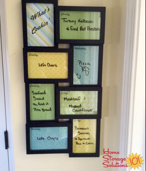 Display your week's menu using a multi-frame and scrapbook paper {featured on Home Storage Solutions 101}