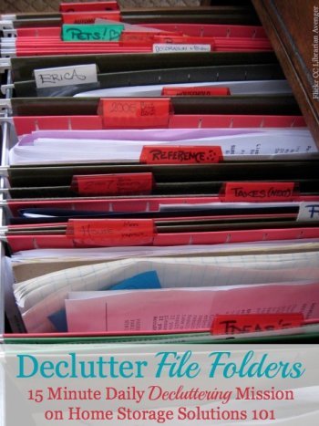 How to declutter file clutter 15 minutes a time, to clear out your file drawer or cabinet of old papers and make room for the stuff you really do need to file in there now {on Home Storage Solutions 101}