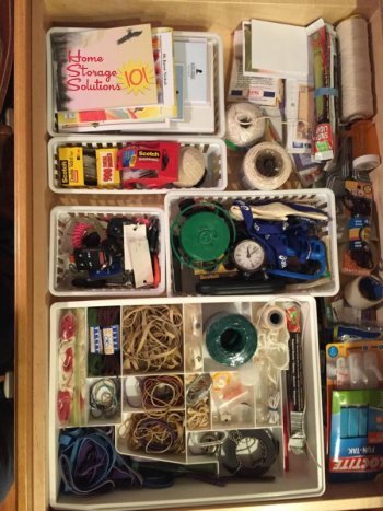 Organized junk drawer, using containers {featured on Home Storage Solutions 101}