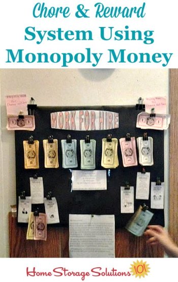 Chore chart and reward and allowance system using Monopoly money {featured on Home Storage Solutions 101}