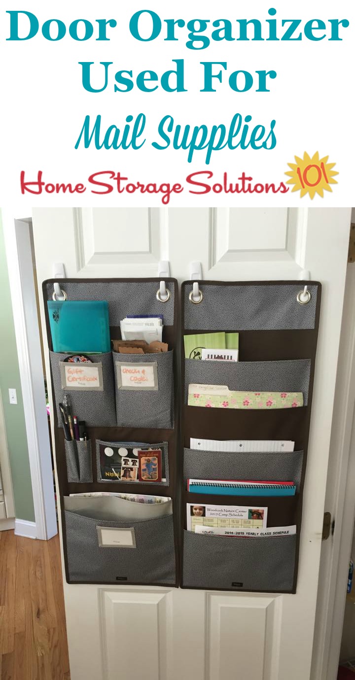 Door organizer, mounted inside pantry door, to hold mailing supplies as part of the home mail organizer center {featured on Home Storage Solutions 101} #MailOrganization #PaperOrganization #OrganizeMail