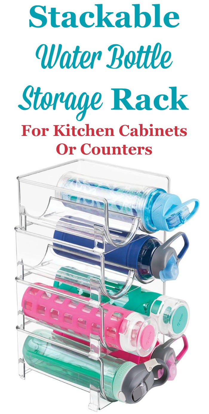 When you open your cabinet do water bottles fall or roll out? These bottles can be hard to store, but you can use this stackable water bottle storage rack on a counter, or inside a cabinet or on a pantry shelf, to keep these bottles easy to grab and ready for use {featured on Home Storage Solutions 101} #KitchenOrganization #KitchenStorage #StorageSolutions