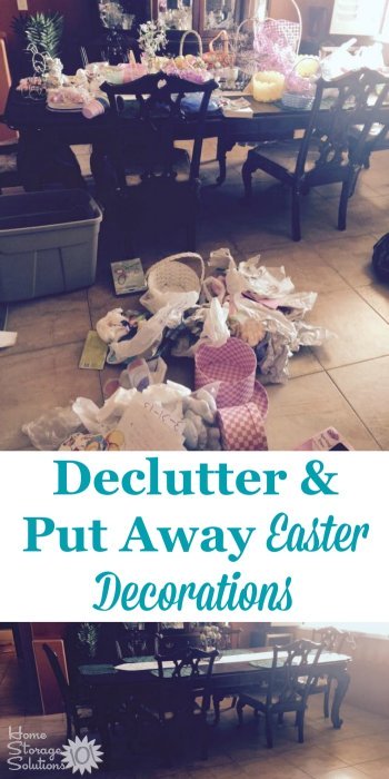 Before and after when a #Declutter365 participant, Tina, decluttered and put away Easter decorations around her home after the holiday {featured on Home Storage Solutions 101}