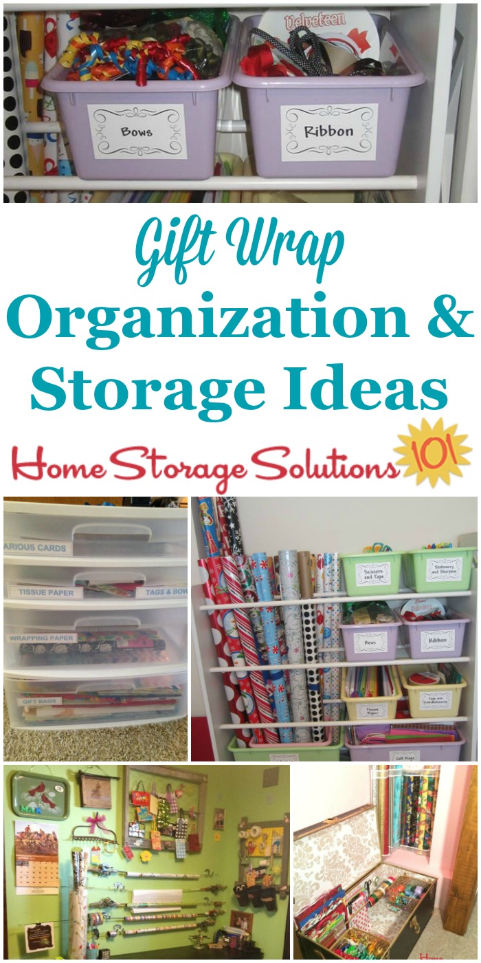 Lots of ideas from readers for gift wrap organization and storage that really work, including DIY organizers {on Home Storage Solutions 101} #GiftWrap #OrganizingTips #HolidayOrganizing