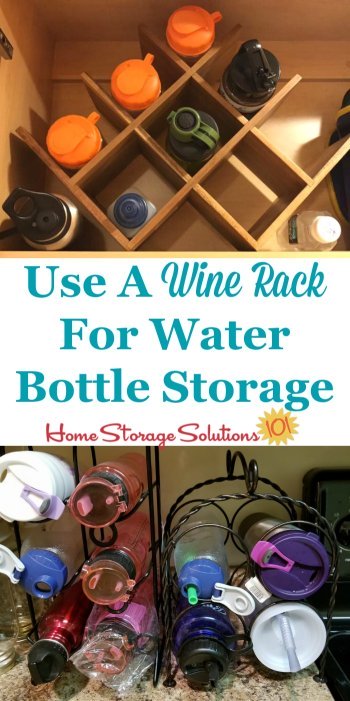 Use a wine rack for water bottle storage in your kitchen, either inside a cabinet, on a shelf, or even on a kitchen counter {featured on Home Storage Solutions 101} #KitchenStorage #KitchenOrganization #StorageSolutions