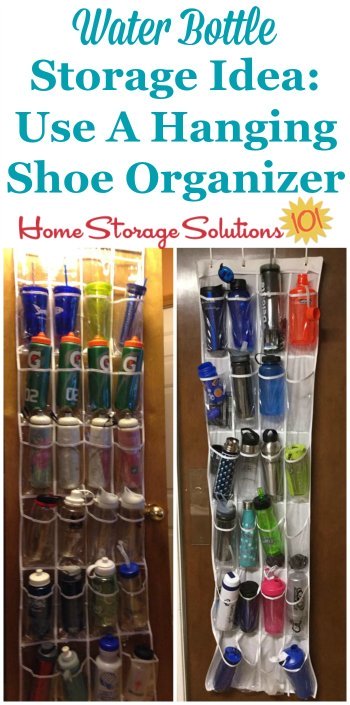 Water bottle storage idea: Organize and store these bottles in a hanging shoe organizer, such as on the pantry door {featured on Home Storage Solutions 101} #KitchenStorage #StorageSolutions #KitchenOrganization