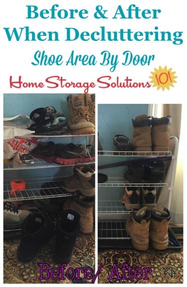 Before and after when decluttering shoe area by the door, to keep the entryway of your home looking nice, plus make it easier for family members to find the shoes they need before leaving the house {on Home Storage Solutions 101}
