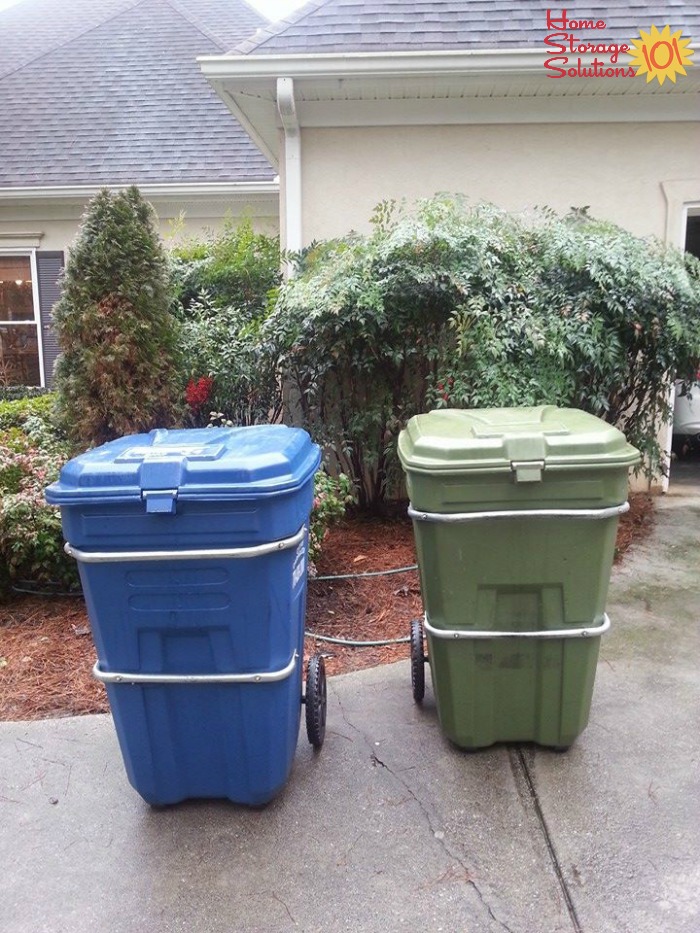 Trash and recycling containers stored outdoors {featured on Home Storage Solutions 101}