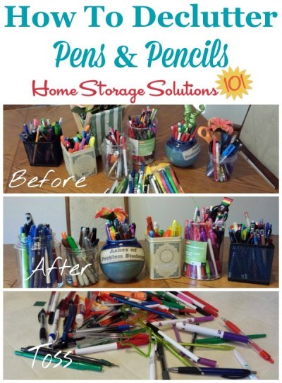 How to declutter pens and pencils around your home, with lots of pictures from readers who've already done this #Declutter365 mission {on Home Storage Solutions 101}