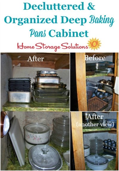 Before and after of a decluttering and organizing project in a deep kitchen cabinet holding baking pans, shown by a reader, Teresa. She did this project as part of the #Declutter365 missions on Home Storage Solutions 101.