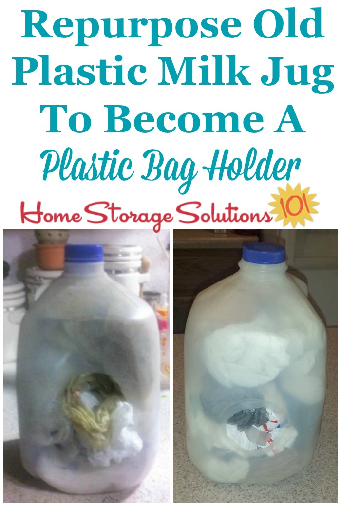 Upcycle and repurpose an old plastic milk jug to become a plastic bag holder and dispenser in your kitchen {featured on Home Storage Solutions 101} #KitchenOrganization #OrganizingTips #Repurposing
