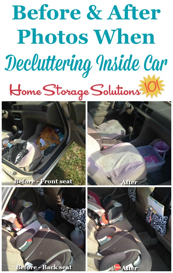 Before and after photos of both the front and back seats from a reader, Brandy, who did the Declutter 365 mission to remove clutter and trash from the car's interior {featured on Home Storage Solutions 101}