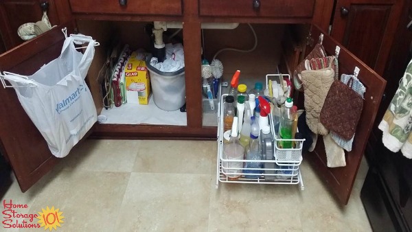 Organized under kitchen sink area shown by a reader, Joan, who took on this #Declutter365 mission on Home Storage Solutions 101