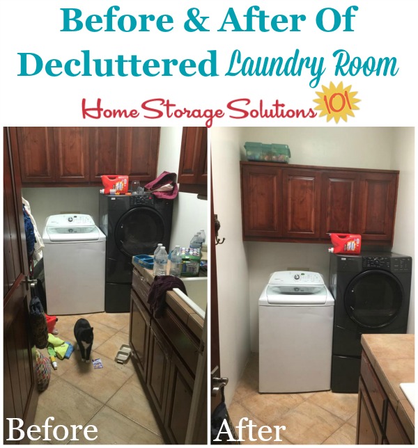 Before and after of decluttered laundry room {featured on Home Storage Solutions 101}