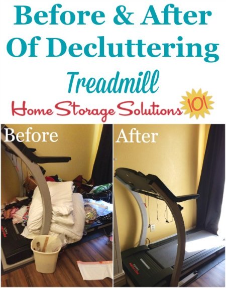 Before and after photos when a reader, Dora, decluttered her treadmill so she could actually use it again {featured on Home Storage Solutions 101}