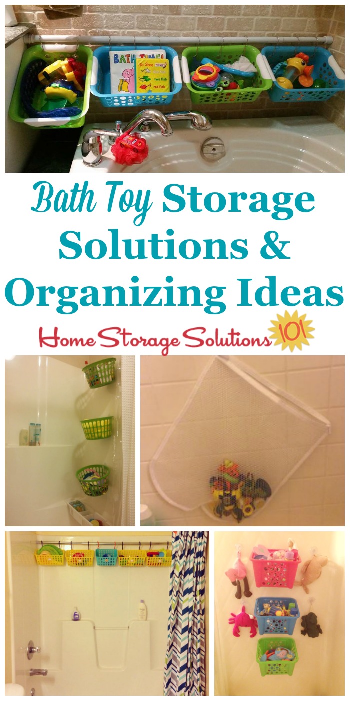 Lots of bath toy storage solutions and organizing ideas, including DIY methods, that really work in real life, and provide proper drainage {on Home Storage Solutions 101} #BathToyStorage #BathToyOrganization #BathroomStorage