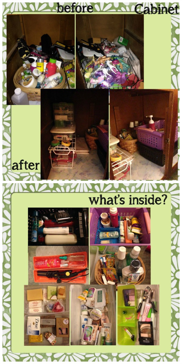 Before and after of decluttered bathroom cabinets, plus what was held in the various storage containers {featured on Home Storage Solutions 101}