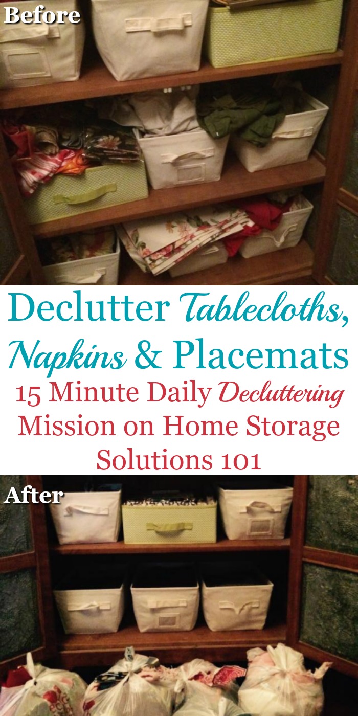 How to declutter table linens, such as tablecloths, napkins, and placemats from your home, including guidance for how many table linens to keep {on Home Storage Solutions 101}