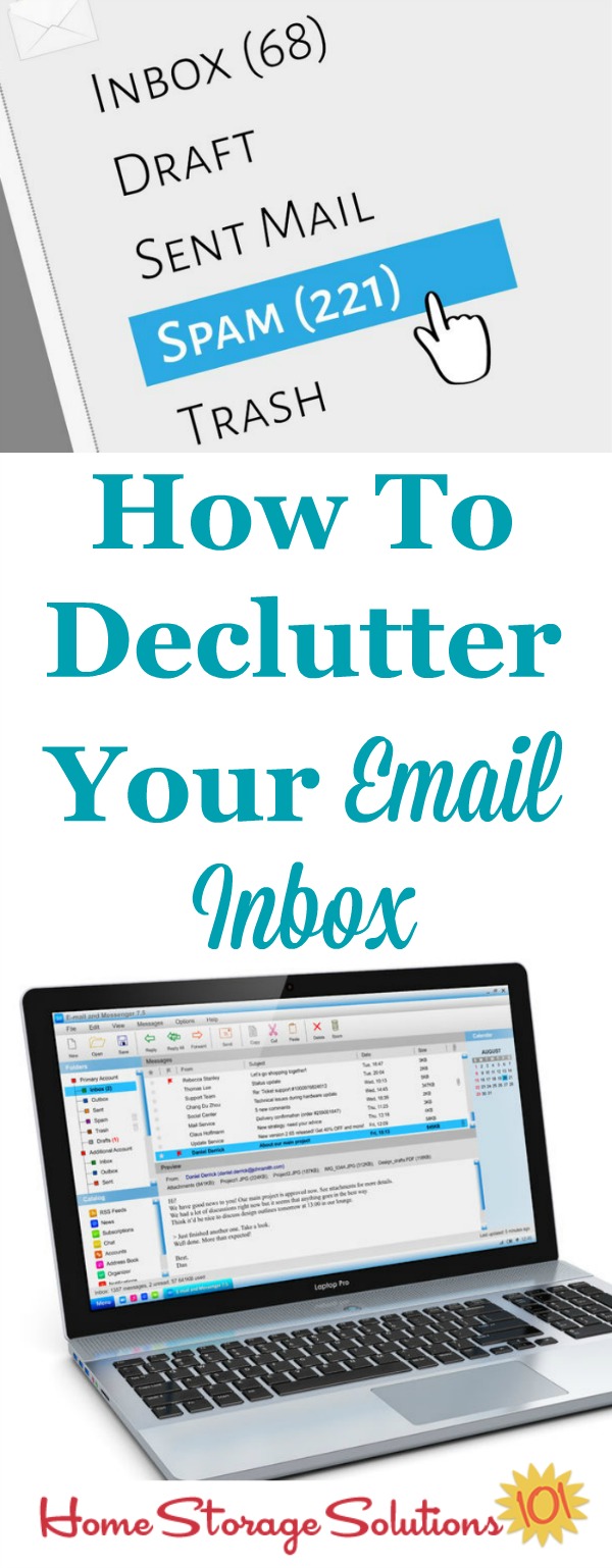 How to declutter your email inbox, including both a suggested routine to begin now to deal with emails as they come in, plus tips for deleting large amounts of emails that are backlogged in your account {on Home Storage Solutions 101} #EmailClutter #DeclutterEmails #Decluttering