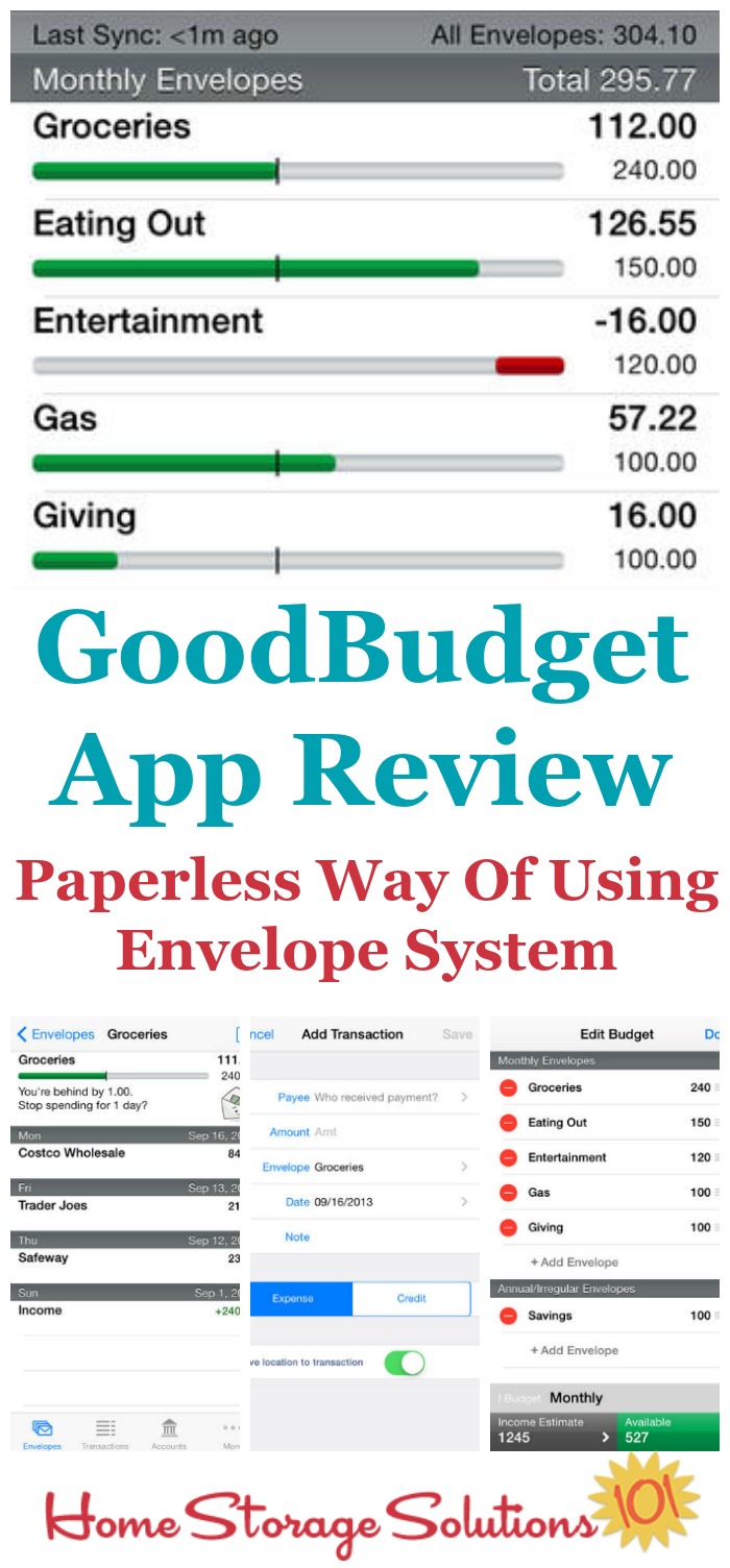 Reviews of the free GoodBudget app, for Apple and Android, that helps you budget using a paperless version of the envelope system {on Home Storage Solutions 101}