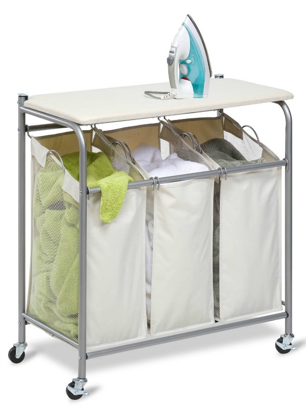 Combine two laundry tasks into one storage unit when you get a laundry sorter with an attached ironing board on top {featured on Home Storage Solutions 101}