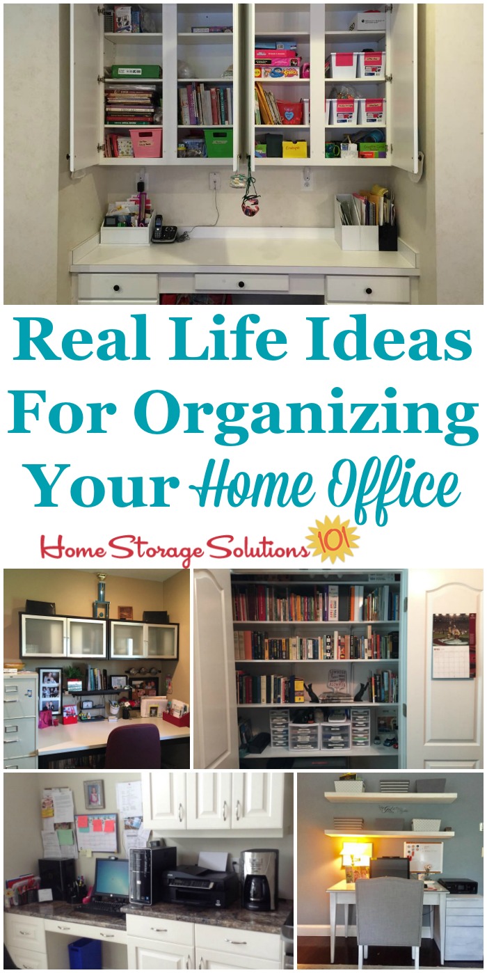 Real life ideas for organizing your home office, showing home office areas in the kitchen, dining room, living room, closet, and whole dedicated rooms {a Hall of Fame from Home Storage Solutions 101} #HomeOfficeOrganization #OrganizeHomeOffice #OrganizingTips