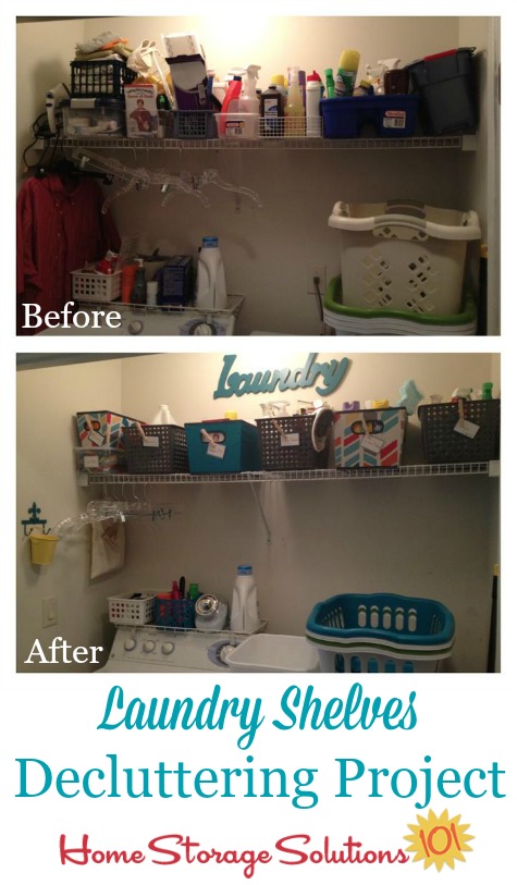 laundry shelves decluttering project, before and after