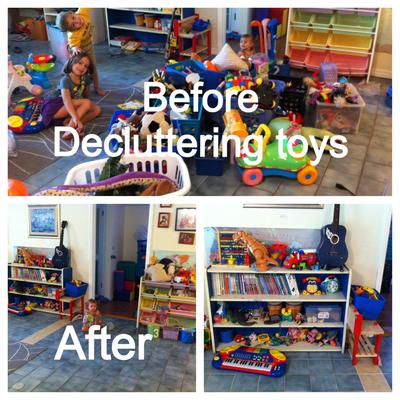 Before and after when decluttered playroom of old toys {on Home Storage Solutions 101}