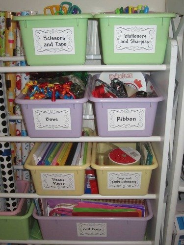 DIY gift wrapping station from old toy organizer