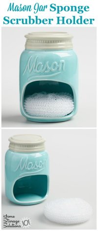 Mason Jar gift ideas: This Mason Jar sponge scrubber holder is both useful and beautiful in your kitchen, to help organize and beautify your sink {featured on Home Storage Solutions 101}