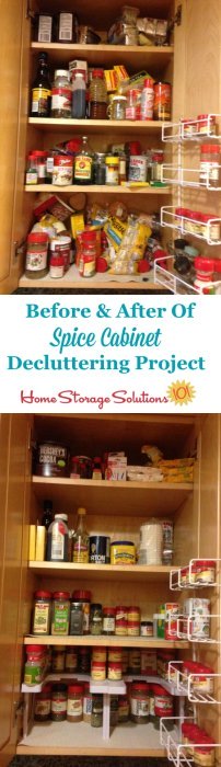 Before and after of spice cabinet decluttering project. Part of the #Declutter365 missions on Home Storage Solutions 101.