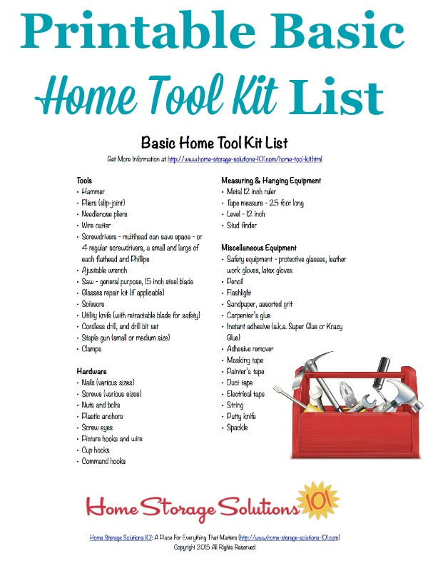 Free printable home tool kit list to make sure you have all the essential tools necessary for basic home repairs and improvements {courtesy of Home Storage Solutions 101} #ToolKit #Printable #Toolbox