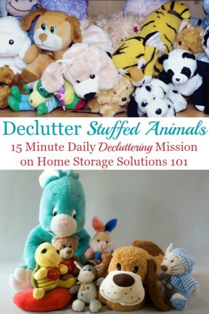 How to declutter stuffed animals, with practical tips for how many to keep, how to get your kids on board, and how to stop accumulating so many in the future {a #Declutter365 mission on Home Storage Solutions 101} #DeclutterStuffedAnimals #StuffedAnimalStorage #ToyClutter