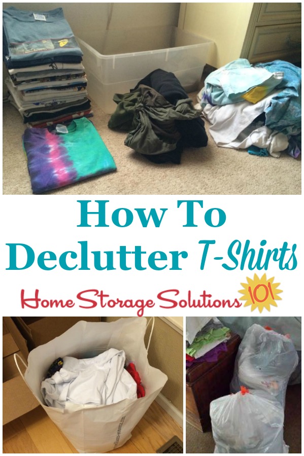 How to declutter t-shirts and other shirts and tops from your dresser drawers or closet, so that you have a more reasonable amount that you can wear and enjoy {a #Declutter365 mission on Home Storage Solutions 101} #DeclutterTShirts #DeclutterClothes