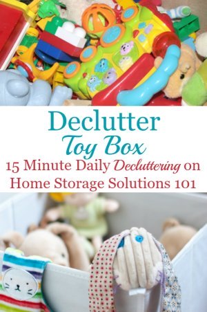 Here is how to get rid of toy clutter from toy boxes, bins and other containers, so kids can enjoy the toys they have while adults aren't overwhelmed with too much stuff {a #Declutter365 mission on Home Storage Solutions 101} #ToyClutter #DeclutterToys