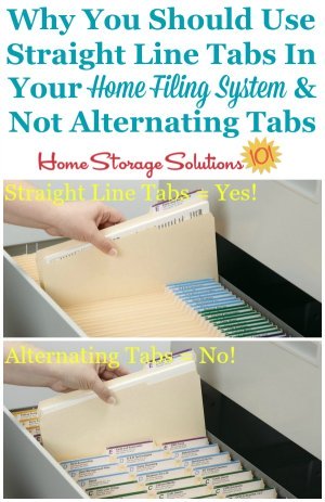 Why you should use straight line tabs, and not alternative tabs, in your home filing system {on Home Storage Solutions 101}