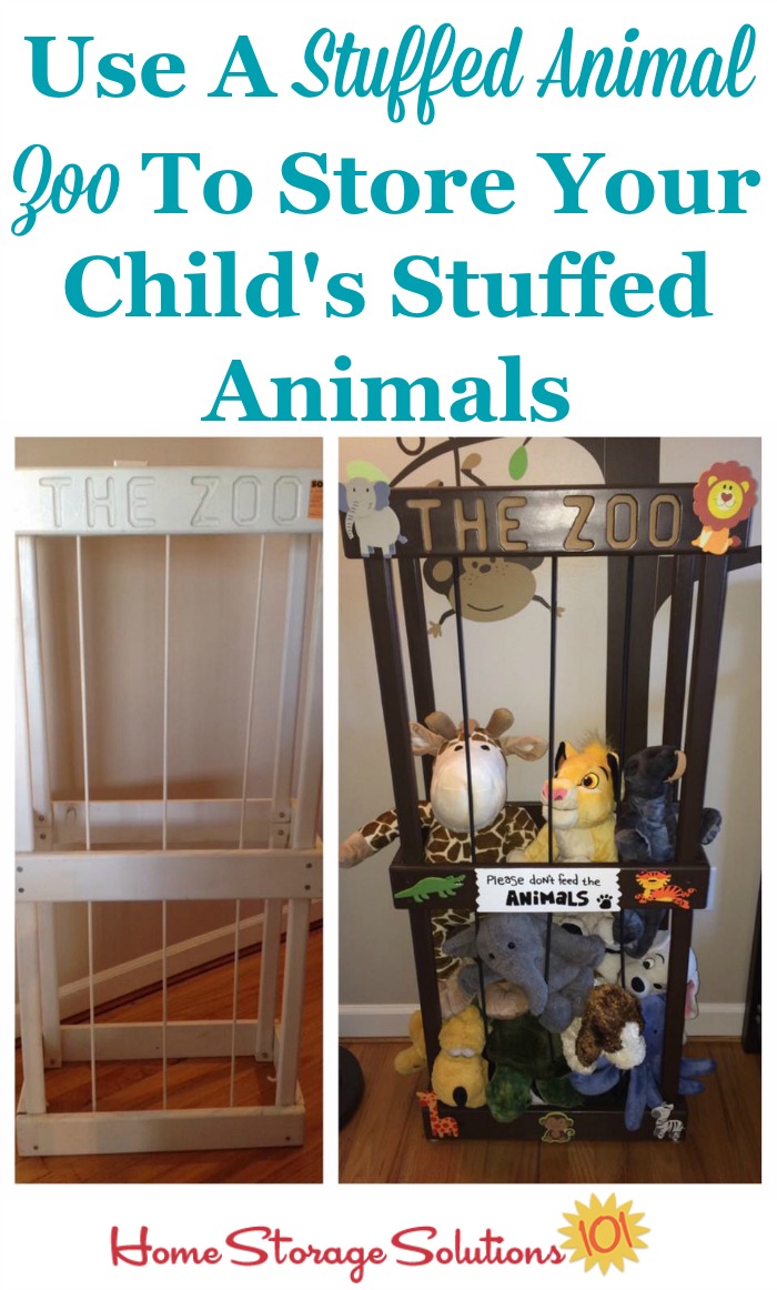 If your kids have a lot of stuffed animals they love, a stuffed animal zoo can help you store them all together while still allowing your kids to pull out and play with the ones they want easily {on Home Storage Solutions 101} #StuffedAnimalZoo #StuffedAnimalStorage #StuffedAnimalOrganization