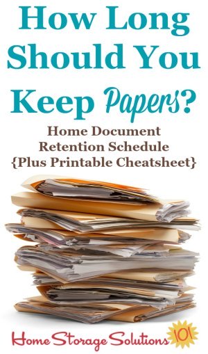 Article explaining how long should you keep papers when decluttering files and documents from your home. There's a home document retention schedule you can reference, including a printable cheatsheet {courtesy of Home Storage Solutions 101} #DeclutteringPaper #PaperOrganization #FileOrganization
