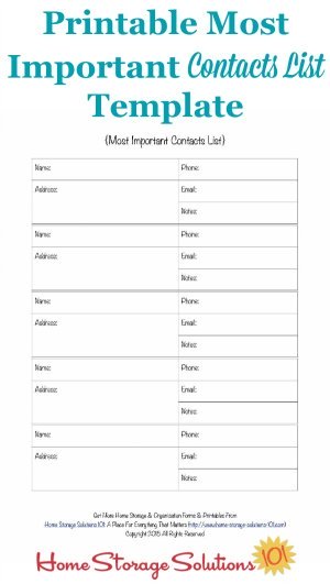 Free printable important contact list template form so you have an emergency back up of the most vital of your contacts in case your digital system fails {courtesy of Home Storage Solutions 101}