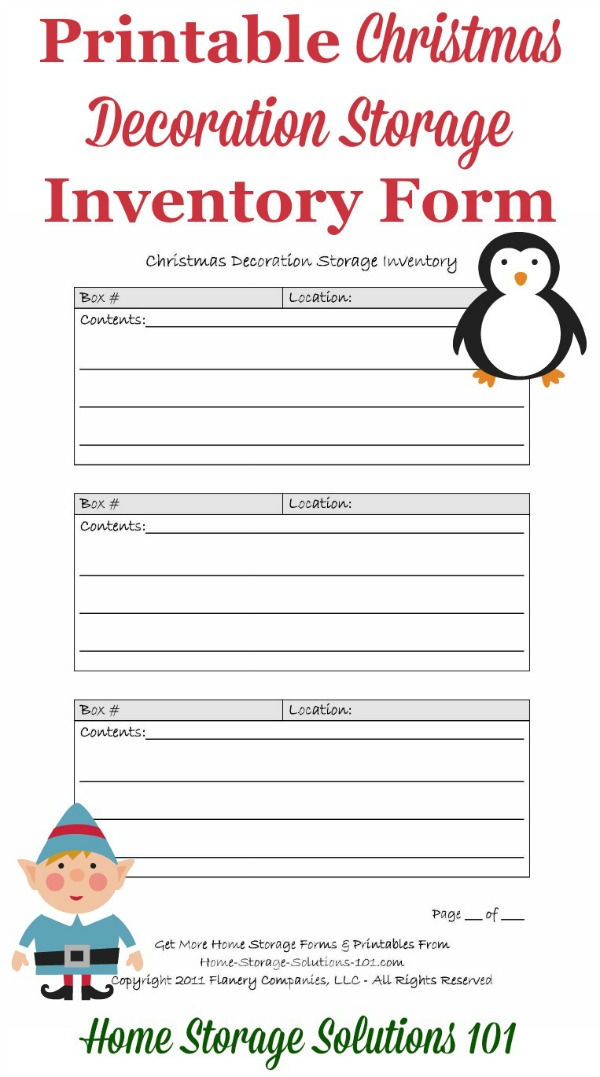 Free printable Christmas storage inventory form to keep track of where you've stored your Christmas decorations {courtesy of Home Storage Solutions 101} #ChristmasInventoryForm #PrintableInventoryForm #StorageInventory