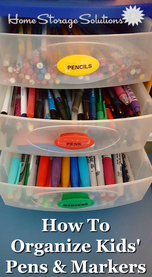 How to organize kids' pens, markers and pencils for both arts and crafts as well as for homework and school projects {on Home Storage Solutions 101}