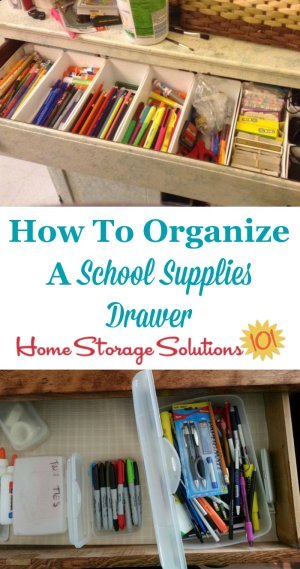 How to organize a school supplies drawer for your kids to use when doing homework and school projects {on Home Storage Solutions 101}